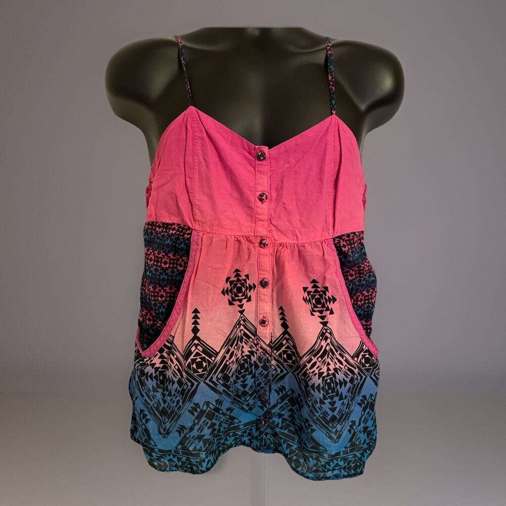 VTG Y2K 90s OP Ocean Pacific Aztec Tank Top Pockets Sunset Pink Blue Boho Surf L